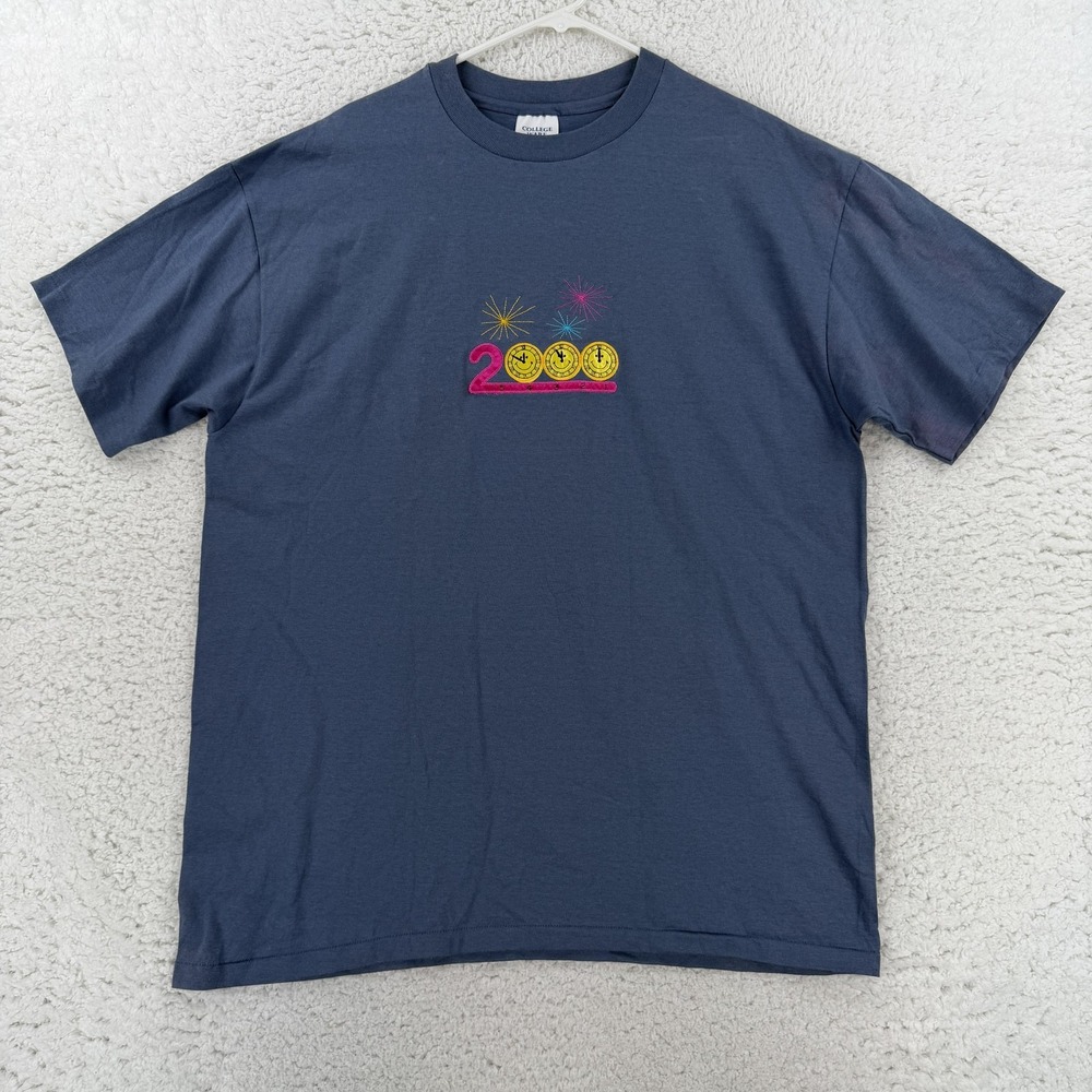 College Ware Vintage 2000 Shirt Mens XL Blue Y2K Fireworks Smiley Graphic Tee